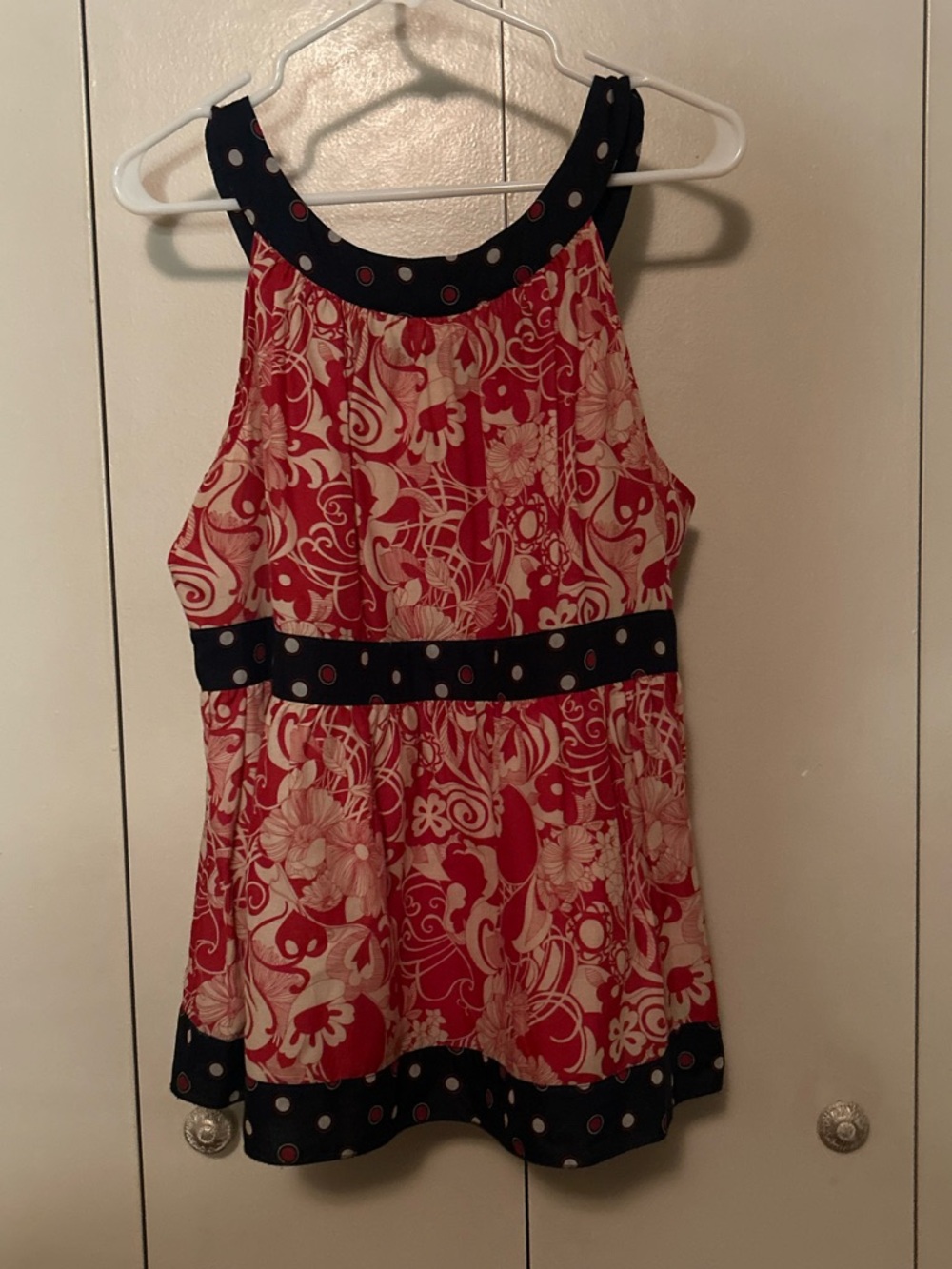 Anna Sui Red and Navy Floral Polka-Dot Sleeveless Blouse - Picture 3 of 3